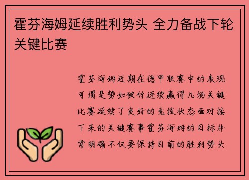 霍芬海姆延续胜利势头 全力备战下轮关键比赛