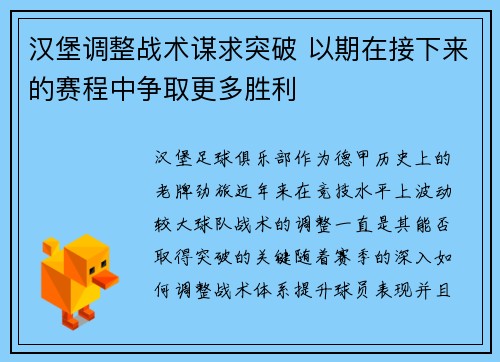 汉堡调整战术谋求突破 以期在接下来的赛程中争取更多胜利