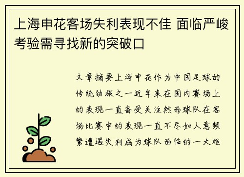 上海申花客场失利表现不佳 面临严峻考验需寻找新的突破口