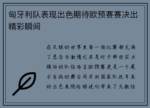 匈牙利队表现出色期待欧预赛赛决出精彩瞬间