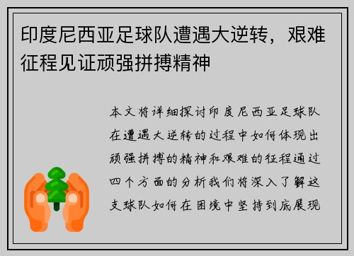 印度尼西亚足球队遭遇大逆转，艰难征程见证顽强拼搏精神