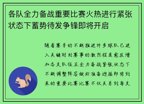 各队全力备战重要比赛火热进行紧张状态下蓄势待发争锋即将开启