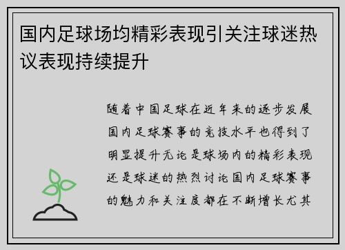 国内足球场均精彩表现引关注球迷热议表现持续提升