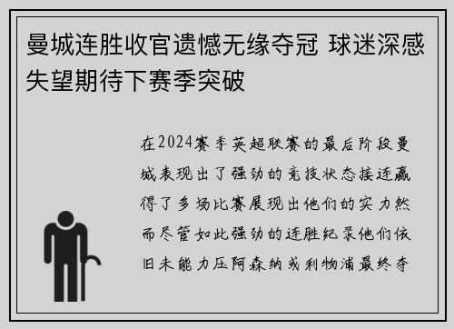 曼城连胜收官遗憾无缘夺冠 球迷深感失望期待下赛季突破