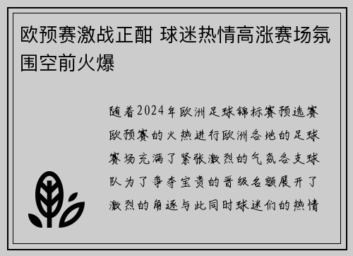 欧预赛激战正酣 球迷热情高涨赛场氛围空前火爆