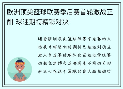 欧洲顶尖篮球联赛季后赛首轮激战正酣 球迷期待精彩对决