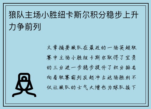 狼队主场小胜纽卡斯尔积分稳步上升力争前列