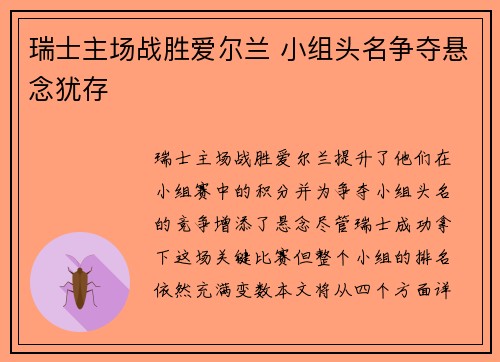 瑞士主场战胜爱尔兰 小组头名争夺悬念犹存
