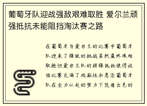 葡萄牙队迎战强敌艰难取胜 爱尔兰顽强抵抗未能阻挡淘汰赛之路