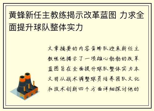 黄蜂新任主教练揭示改革蓝图 力求全面提升球队整体实力